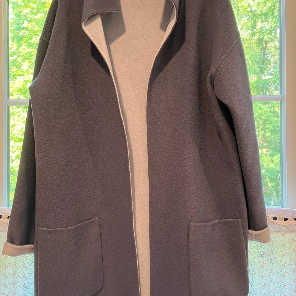 Women's Reversible Blueish Gray and Cream Coat L with pants to match ( size 14 )